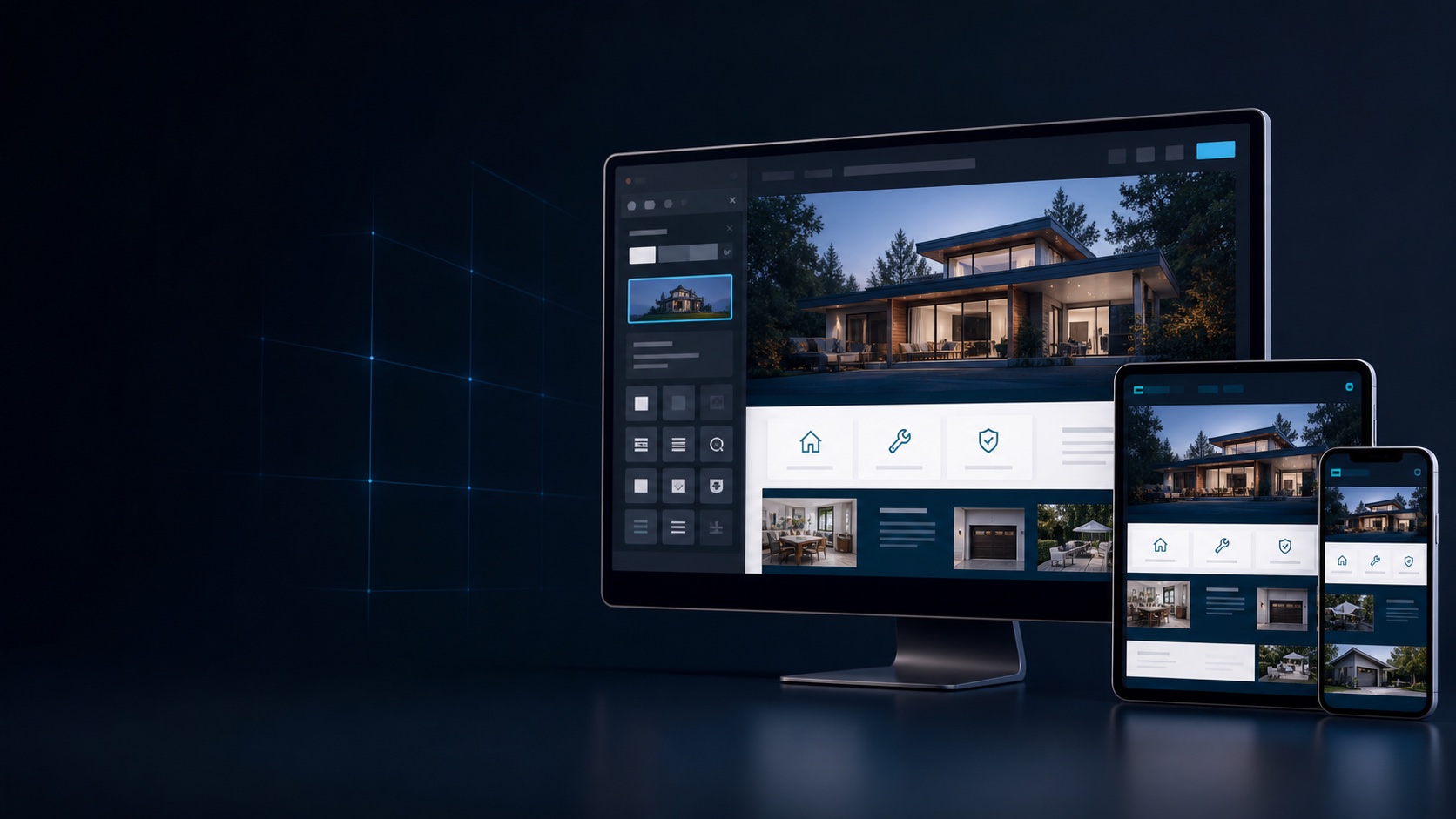 X-Ploy Website Builder shown across desktop, tablet, and phone.